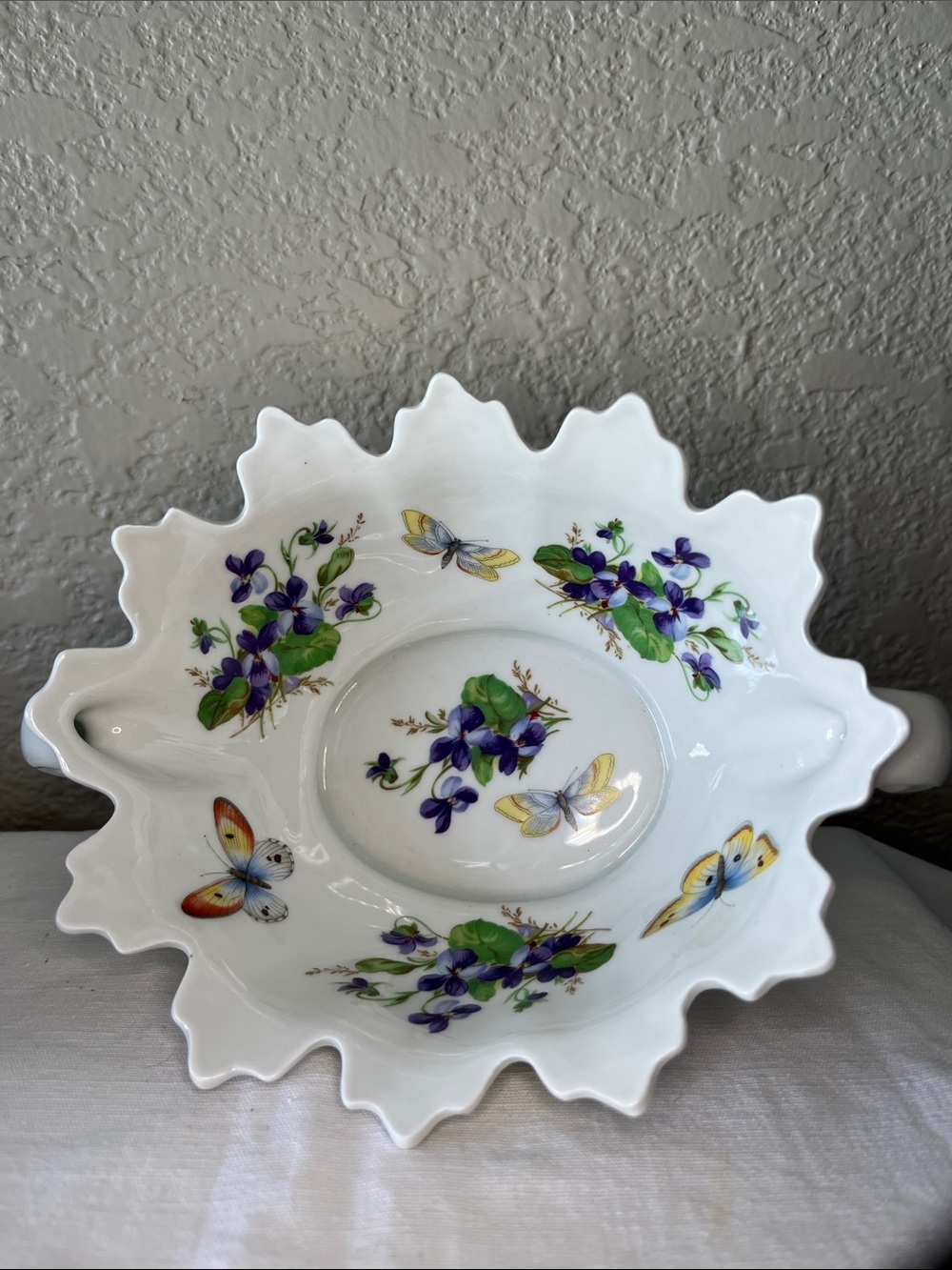 Vintage Limoges France Porcelain Bowl Violet Butterfly Ruffled Edge Handles